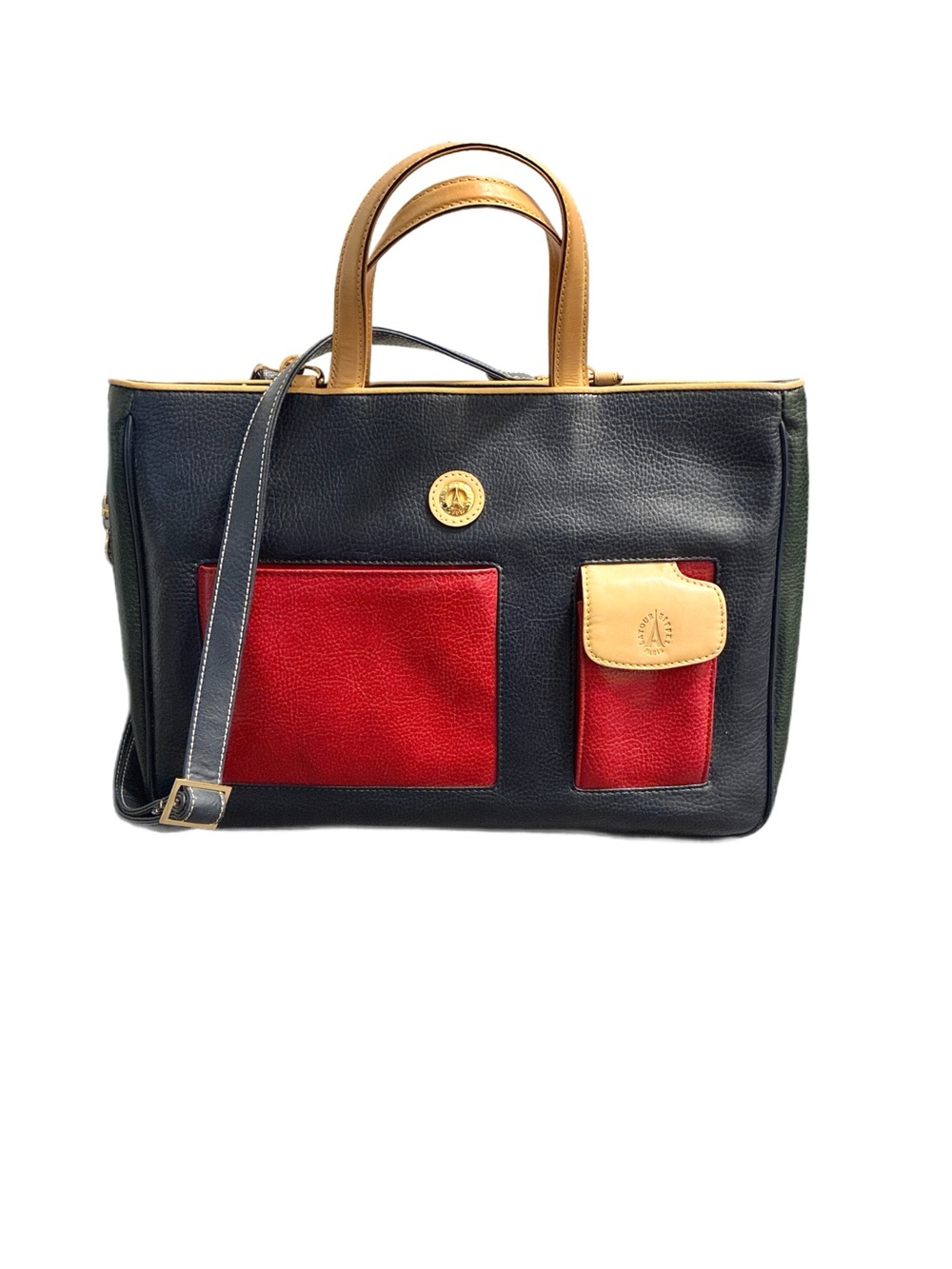 La Tour Eiffel Paris Rare Vintage Colorblock Navy, Red and Green Leather Tote